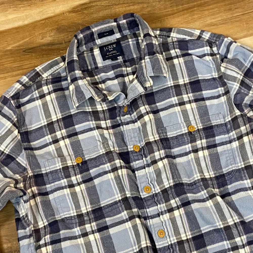 J.Crew Mens Slim Fit Flannel Shirt Blue White Plaid Long Sleeve Large L Cotton